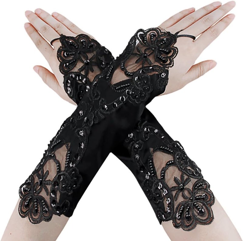 PURFUN Girls Princess Satin Lace Long Fingerless Gloves - Holy Communion, Halloween, Wedding, Flower Girl - Image 1